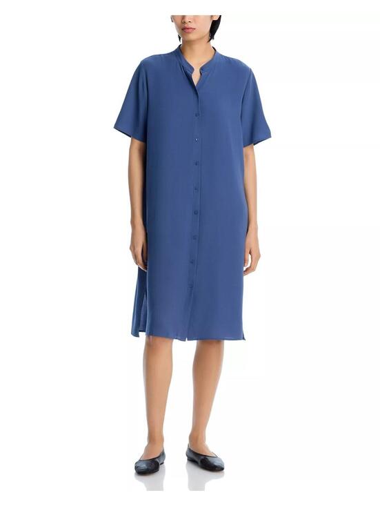 Eileen Fisher Dresses & Skirts - 378$ Eileen Fisher Silk Mandarin Collar Shirtdress Women's Size L Dusk Blue